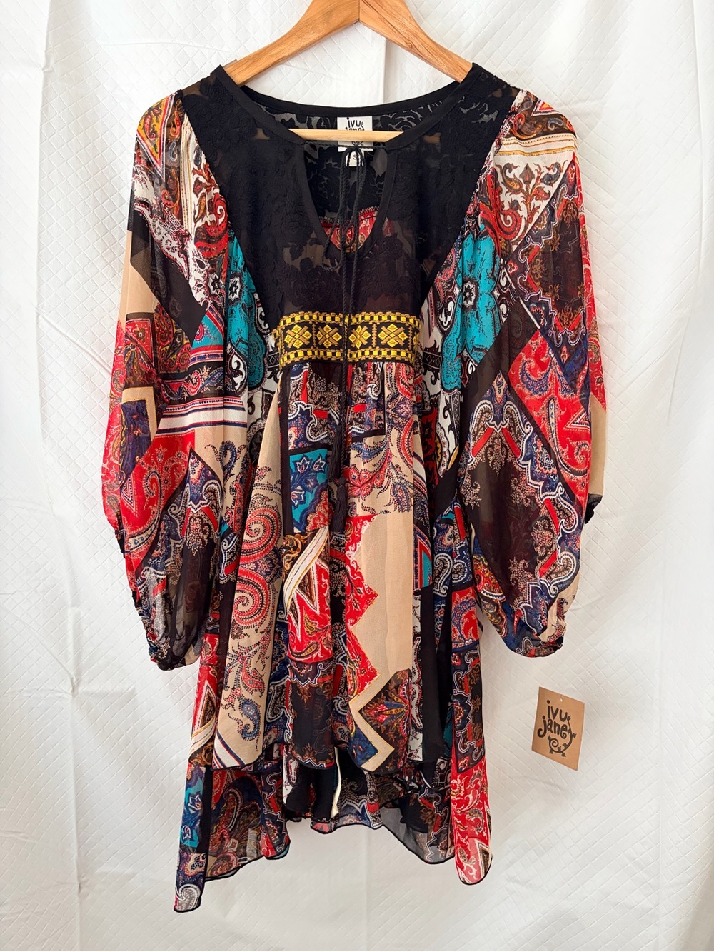 ivy jane Black Multicolor Paisley Boho Long Sleeve Dress